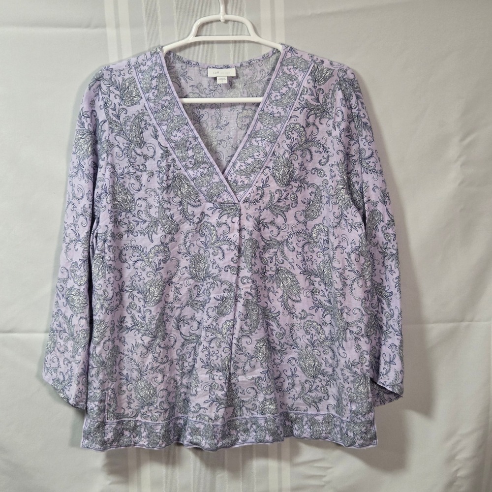 J. Jill Tunic Womens M Lavender Love Linen Paisley V-Neck 3/4 Bell Sleeve Top